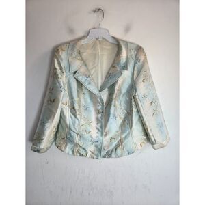 Rickie Freeman Teri Jon Blue Gold Floral Silk/Wool Single Breasted Blazer sz 14